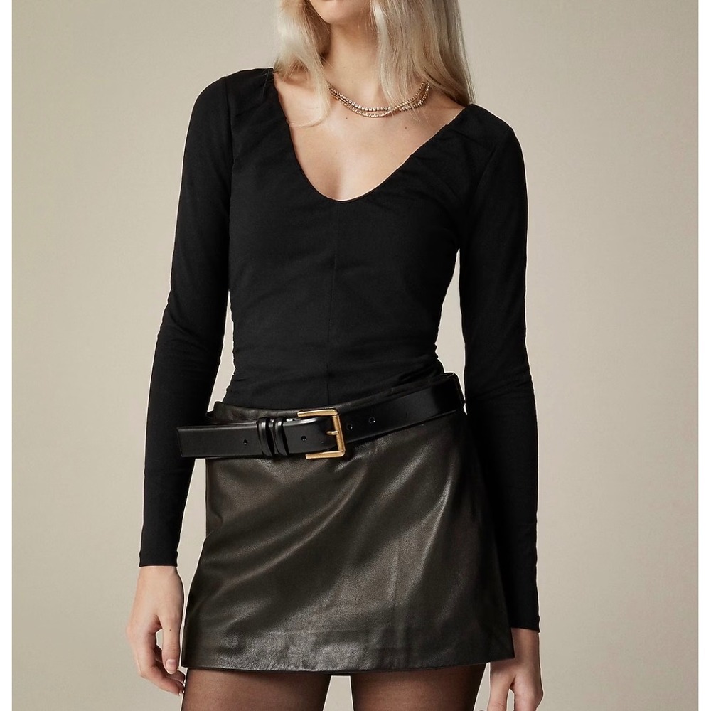 NEW J Crew Medium Black Stretch Cotton-Blend Ruched V-Neck Long Sleeve Top